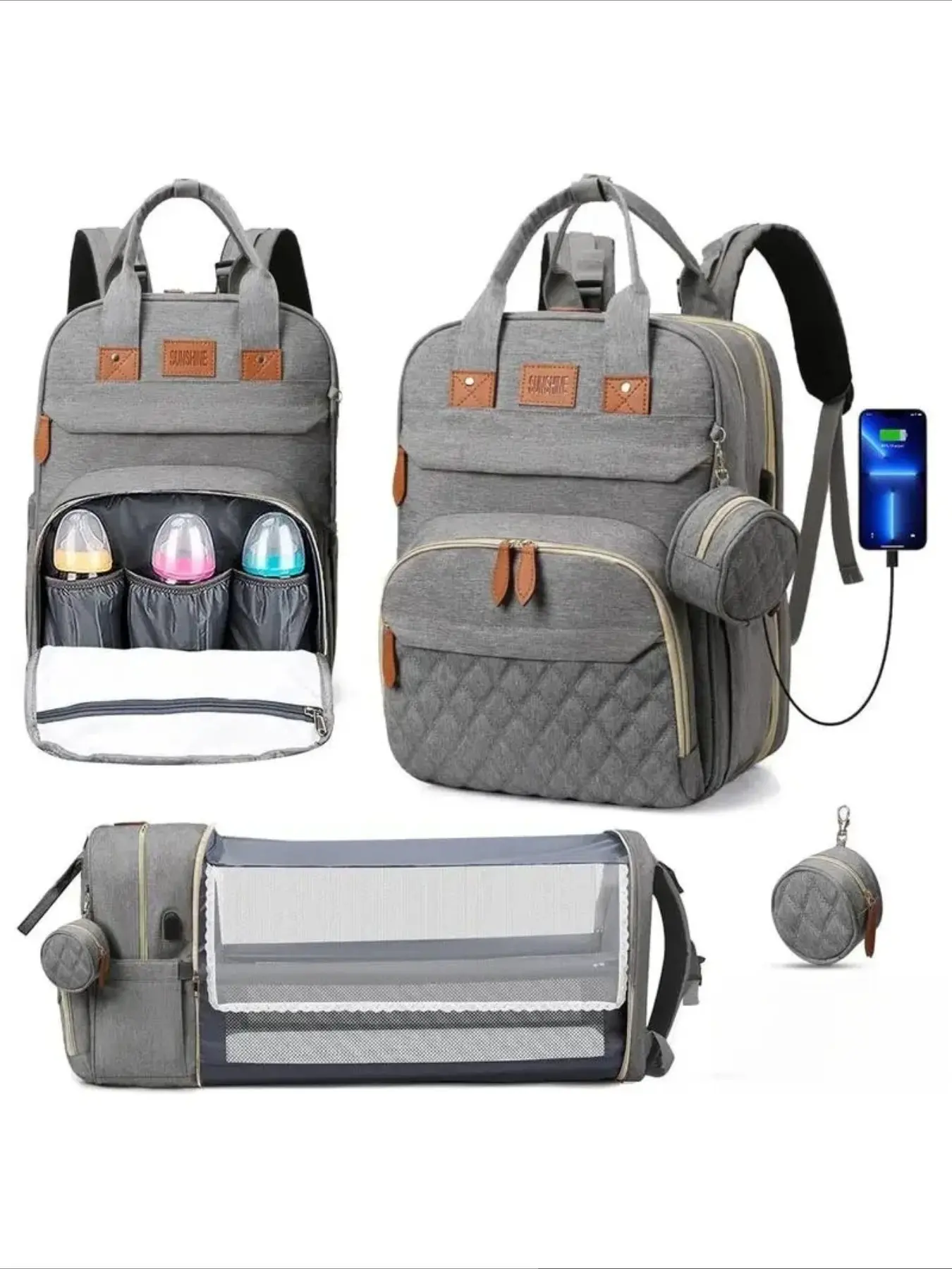 Convertible Baby Crib Diaper Backpack, USB Charging, 3 Insulated Milk Bottles, Waterproof, Foldable Changing Mat, Anti Mosquito Net, Stroller Straps