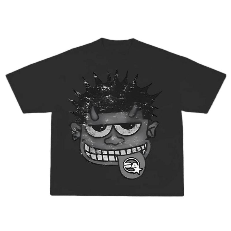 Monster Grey Black Cropped Crewneck T Shirt, Unisex Cotton Graphic Shirts