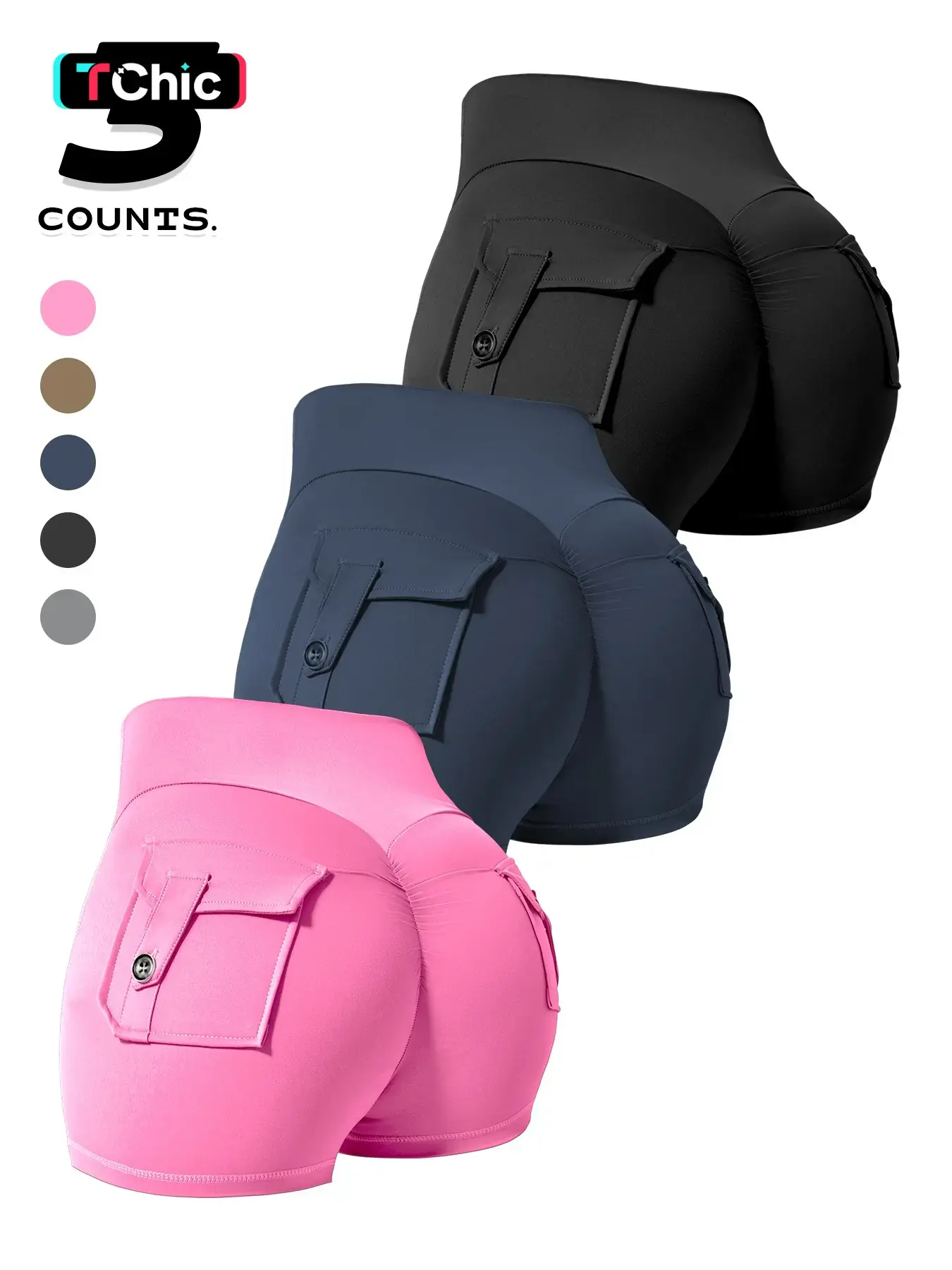 3-Pack Women's Yoga Shorts with Pockets, High Waist Peach Butt Design, Plain Color Fitness Bottoms for All Seasons, High Waisted Shorts