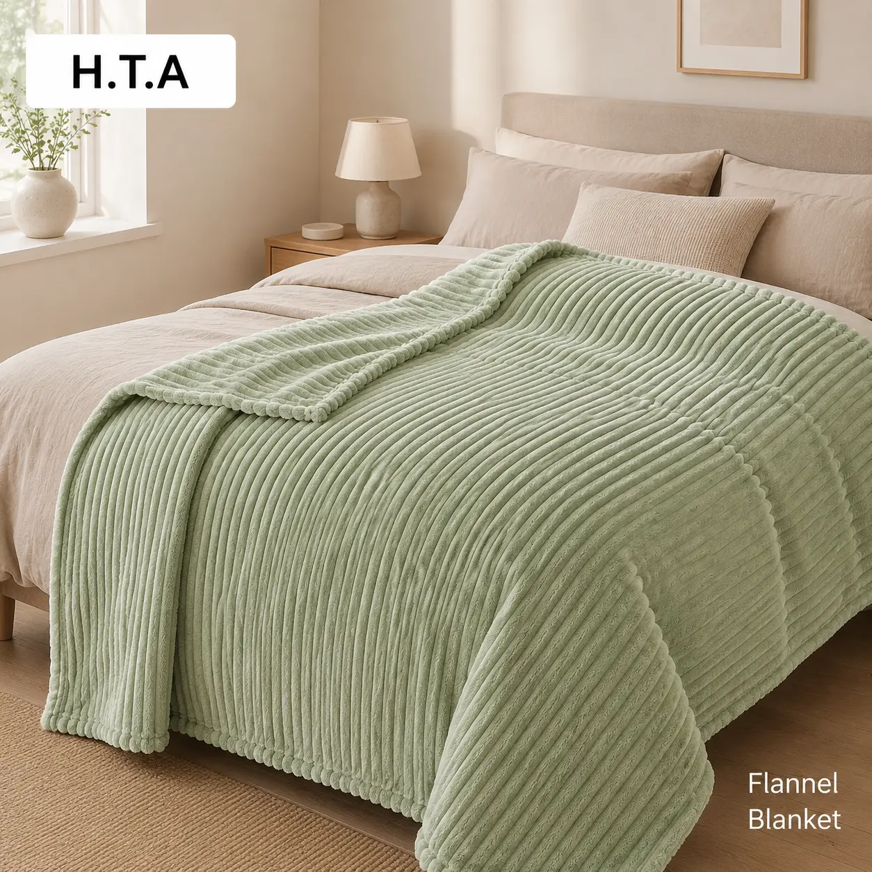 HTA Classic Plush Flannel Bed Sofa Blanket - Lightweight, Breathable for Spring/Summer, Soft Cozy Throw, Durable for Beach Houses, Ideal Birthday Gift for College Dorms