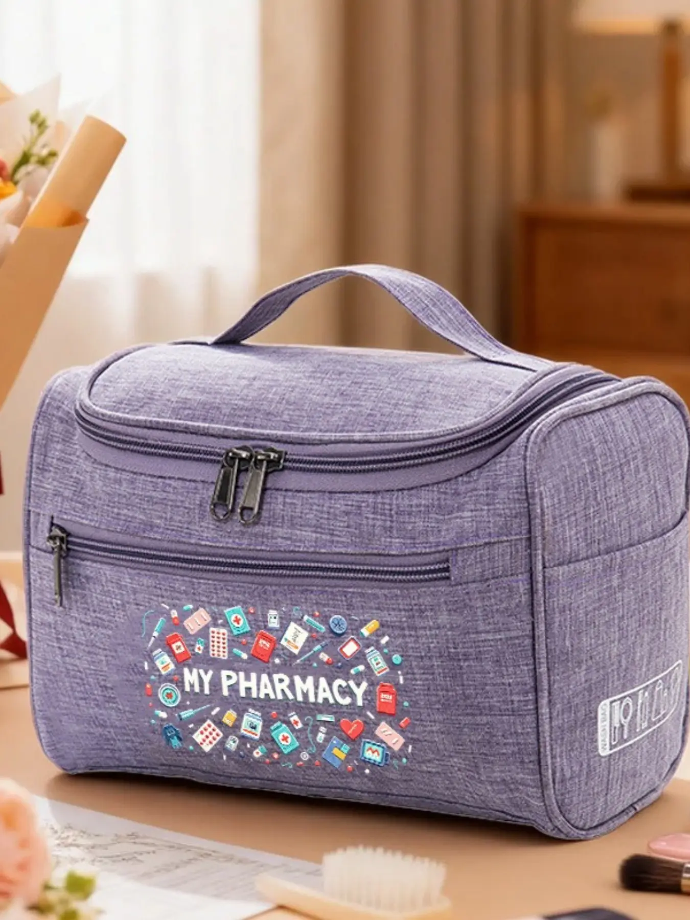 My Pharmacy Cartoon Medical Print Multi-Functional Toiletry Bag, Travel Pouches for Toiletries, Portable Travel Medicine Organizer, Multiple Compartments, Ideal for All Seasons