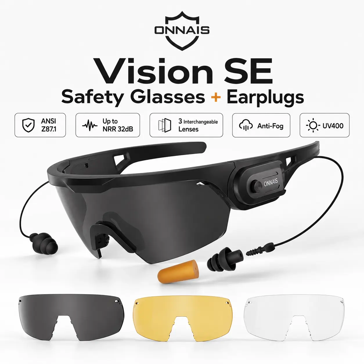 ONNAIS Vision SE ANSI Z87.1 Safety Glasses - Work Accessories with Detachable Earplugs, Anti-Fog UV400 Protection, 3 Interchangeable Lenses for Work, Outdoor Use