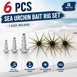 6 PCS Sea Urchin Bait Anchor Shaped Sinker with Anti-Slip Locking Hook, 3 Size Fishing Rig Set with Soft Sea Urchin Baits, 3/32 oz, 1/8 oz, 3/16 oz Sizes for Saltwater, Surf, Pier and Boat Fishing