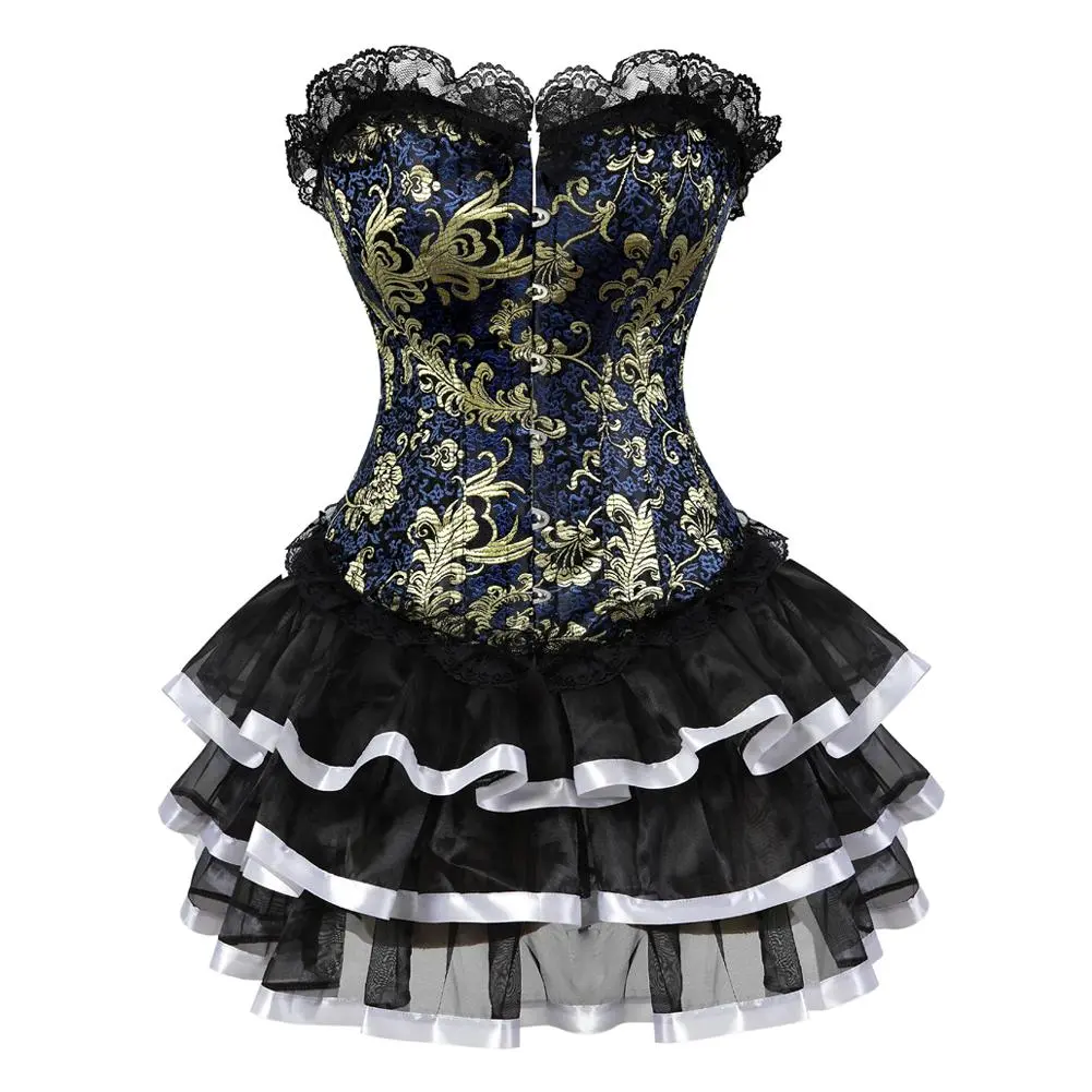 Women's 2-Piece Satin Corset Dress Set - Halter Neck Cropped Bustier Body Shaper, Short Tutu Skirt, Vintage Medieval Renaissance Victorian Design, Halloween Pirate Cosplay Clothes, Elegant Casual Plus Size Blue Casual Wear Costumes