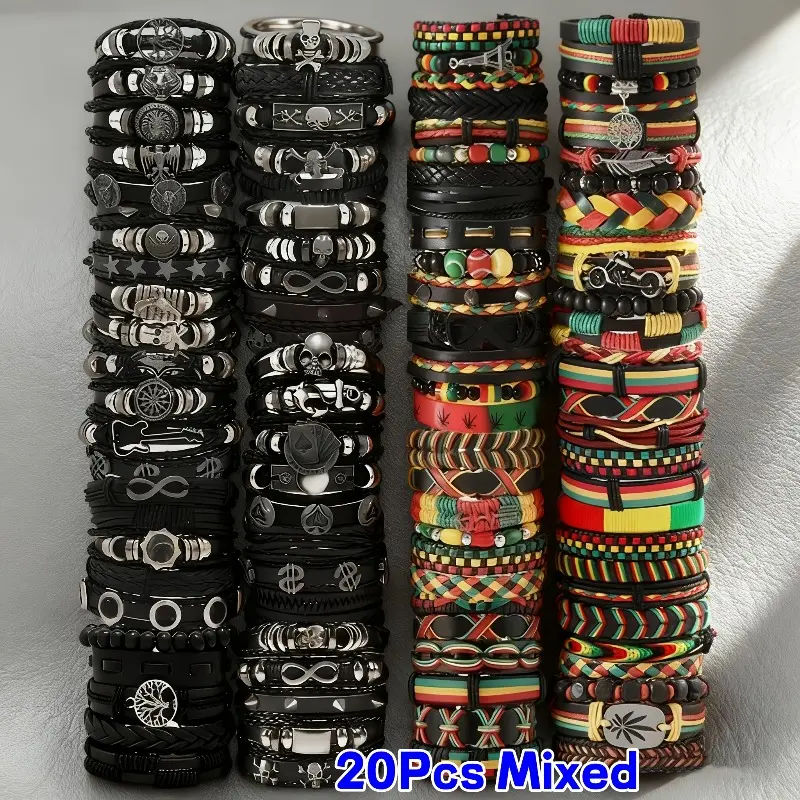 20Pcs Men's & Women's Vintage Punk Bracelet Set - Stackable Layered Artificial with Look - Edgy Unisex for, Parties, Concerts, Daily Wear - Multi-Style Group Gifts & Party Favor Packs