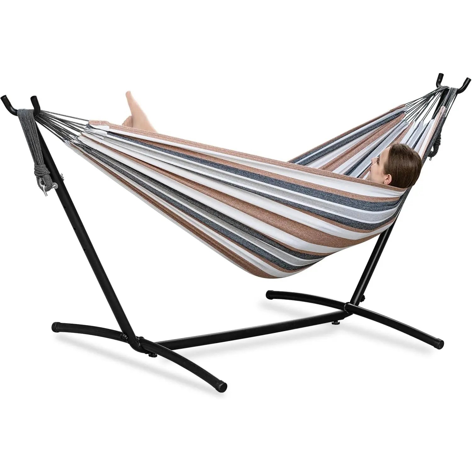 Double Hammocks with Stand for Outside, Portable Space Saving Heavy-Duty Steel Frame for Indoor Outdoor Patio Yard, Easy Assembly, 2 Person 450 lbs Capacity (Coffee)