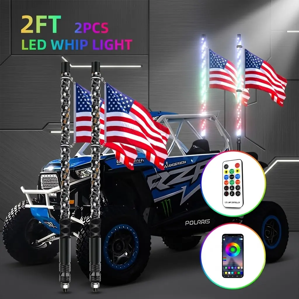 2FT Fat Fiberglass LED Whip Lights With RGB Light Effect Spiral Strip For SXS UTV Go Kart Outdoor Use Christmas Gift