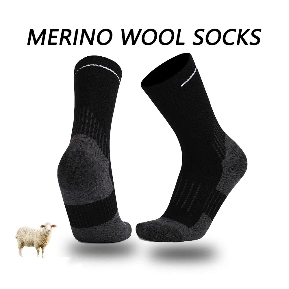Merino Wool Thermal Crew Socks, Thick Terry Lined, Temperature Regulating, Arch Support, Moisture Wicking, Mid Calf, Anti Blister, All Seasons