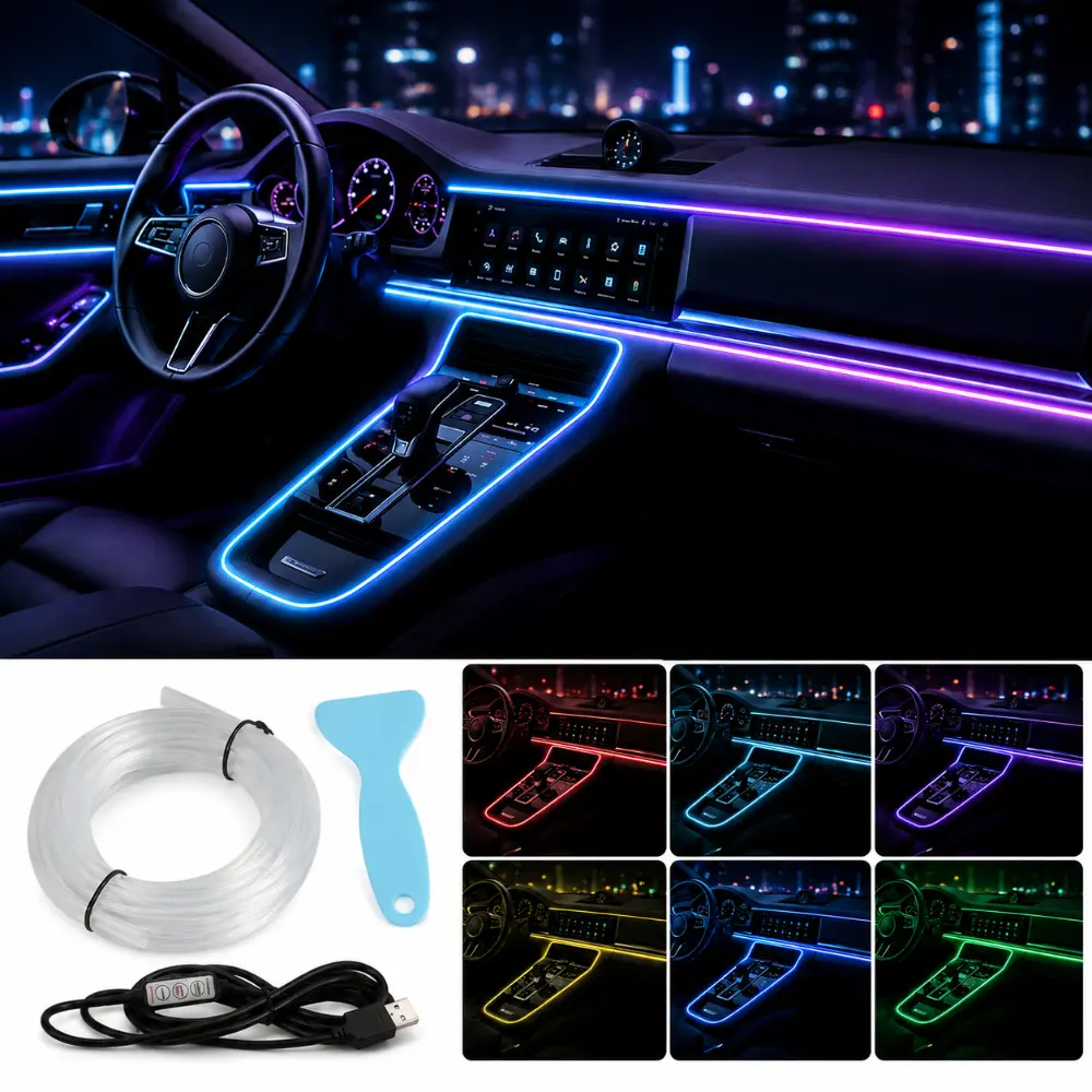 Yobis USB-Powered Car Fiber Optic Ambient Lighting Kit with Fiber Optic Cable, 1-5m Length Options, Color-Changing Accent Lights, Multiple Color Modes, Cold Light Guide-Wire Strips, Easy Installation, Car Interior Decor Accessory