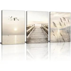 3Pcs Seascape Wall Art Beige Reeds Sunset Canvas Paintings Ocean Beach Scenic Prints Pictures Rustic Bridge Boardwalk Wall Decor Seagulls Artwork Posters for Living Room Bedroom 16”x24”x3
