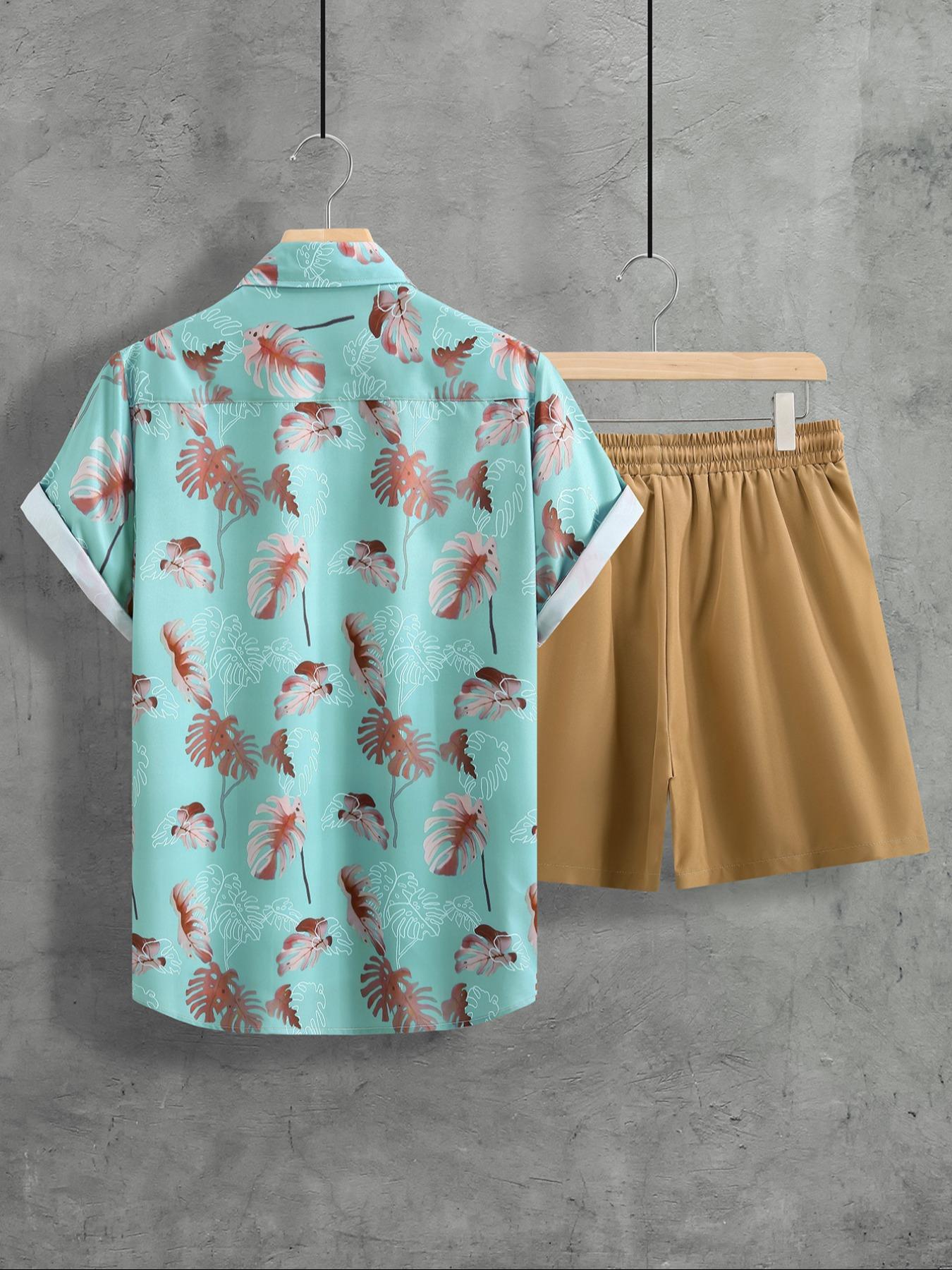Men's Tropical Coconut Tree Print Shirt & Shorts Set, Regular Fit Casual Short Sleeve Button Up Top & Drawstring Waist Shorts, Men's Summer Outfits