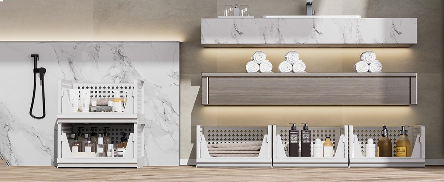 Stackable Plastic Storage Basket Closet Organizer Bin Foldable Clothes Organizer Storage Drawer Shelf Container For Living Room,Bathroom,Kitchen,Office