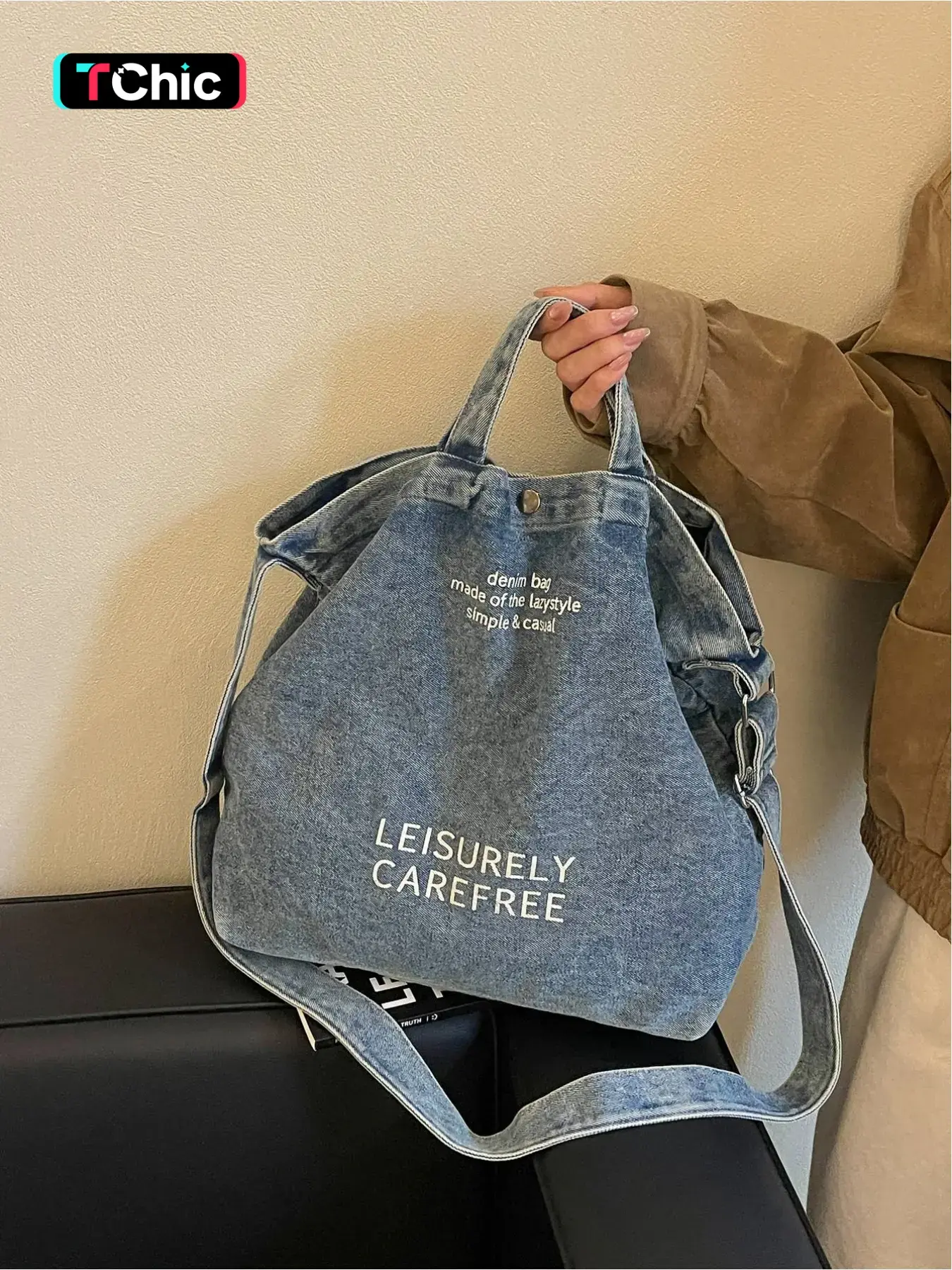 Washed vintage denim letter print tote bag; large capacity lazy style shoulder bag; lazy style versatile shoulder and crossbody bag for commuting, school, and travel