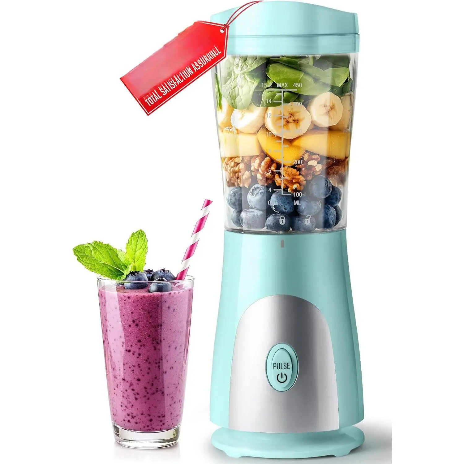 Heavy-Duty Personal Blender for Shakes and Smoothies with a 15 Oz Travel Cup and Lid, Juices,  , Portable Blender &  Processor, Turquoise