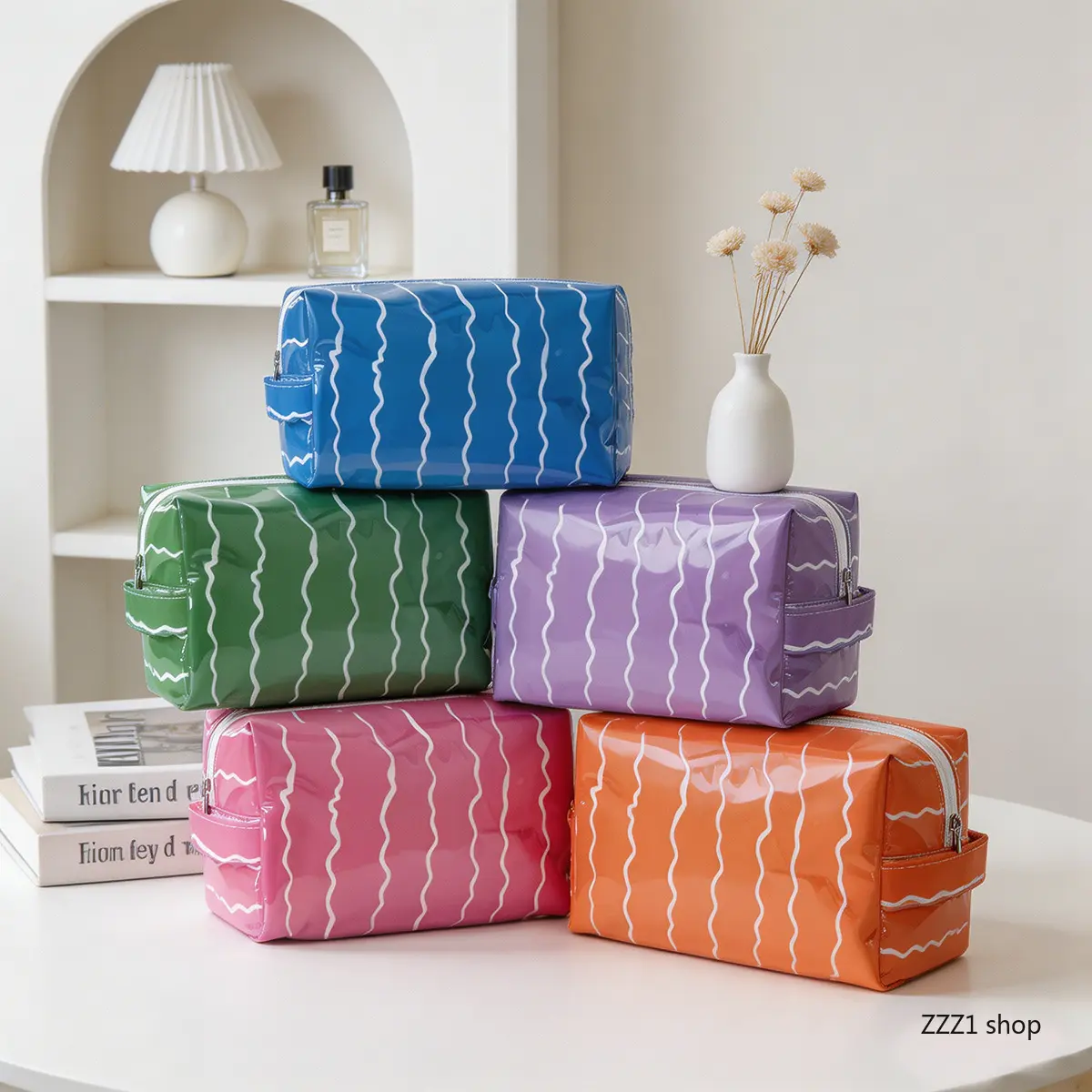 Cosmetic Storage Pouch, Trending Travel Accessory, 2026 New Wavy Textured PVC Makeup Bag, Glossy Waterproof Large Capacity Toiletry Organizer, Lightweight Portable Design, Great For Vacation Trips, Skincare Storage And Daily Outdoor Cosmetic Arrangement