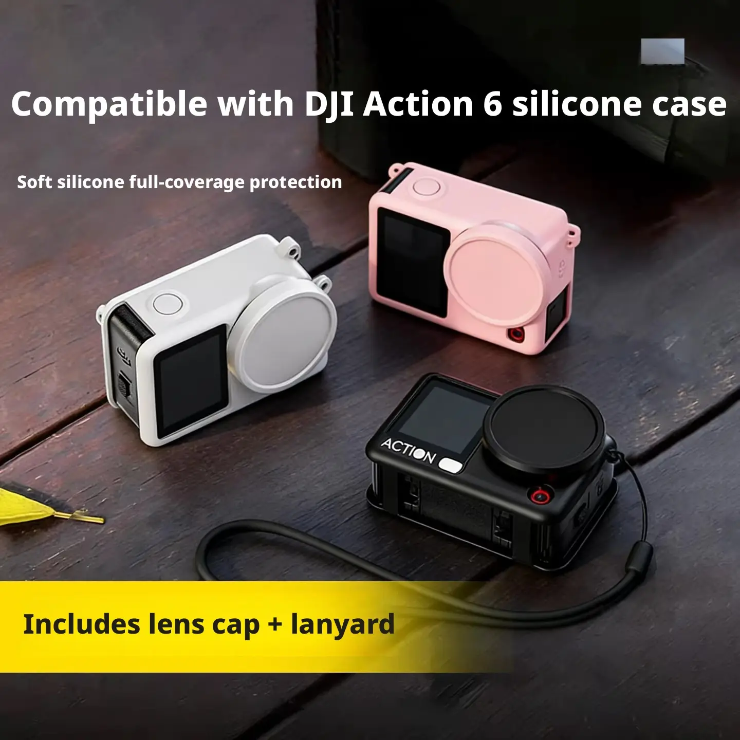 For Dji Action6/5 Pro Silicone Case, Shockproof Camera Protector, Easy to Remove, Includes Lens Cap and Lanyard, 3 Colors Available