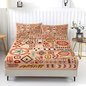 1Set Boho Abstract Ethnic Geometric Print Fitted Sheet Set, Bed Sheet Set, Soft Breathable Wrinkle Resistant Digital Print Bedding, Includes 2 Pillowcases - without Core, Ideal for Bedroom, Guest Room & Dorm Use