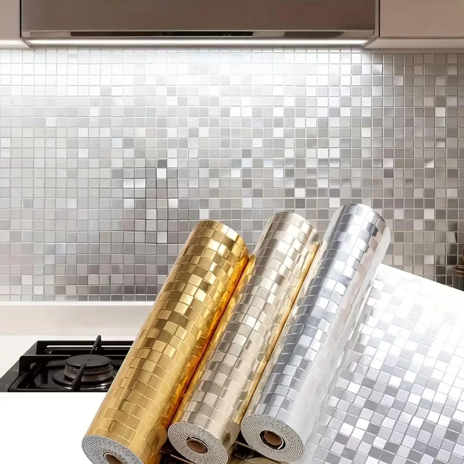 The new model has a 1-roll thickness of 4 millimeters, measuring 118.11 inches by 15.75 inches (300 cm by 40 cm). It is a 3D mosaic self-adhesive wall paper that can be peeled off and removed. Made of PVC vinyl material, it features a mirror-like reflecti