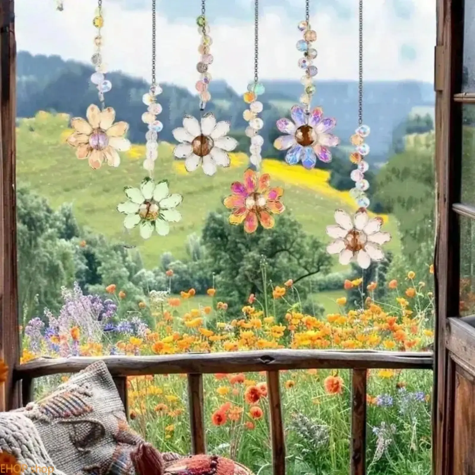 11-Inch Prismatic Crystal Flower Suncatcher Rainbow Maker Hanging Ornament Multicolor Light Catcher Window Decor Handcrafted Sun Catcher for Bedroom Home Garden Patio Camping Hiking Hammock Area Christmas Birthday Best Friend Gift Colorful Boho Room Decor