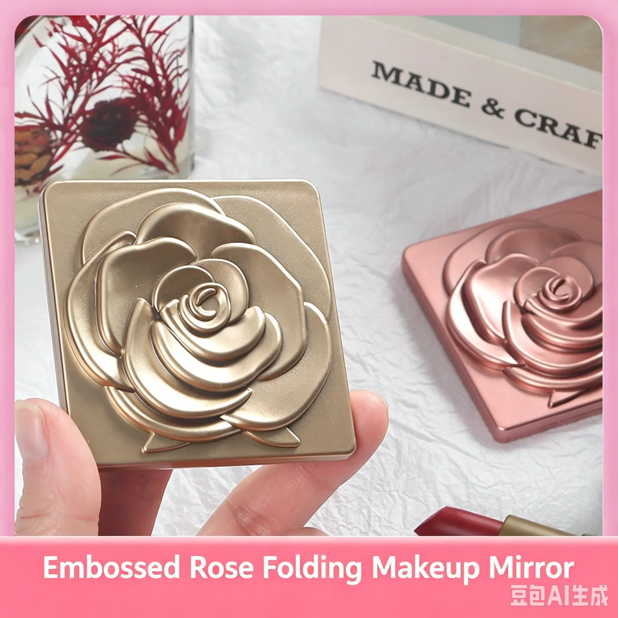 3D Embossed Rose Folding Makeup Mirror, Portable Dual-Sided Compact Travel Mirror, Luxury Mini Pocket Makeup Mirror for On-The-Go Use
