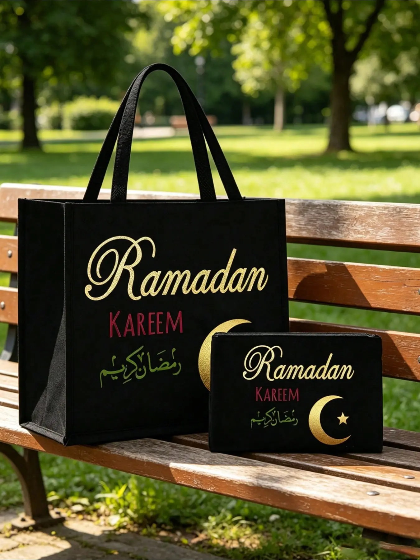 Large Stylish Tote & Small Black Cosmetic Bag with Moon Star Arabic Blessing Print, Islamic Camel Lamp Golden Decor for Travel Picnic School Shopping, Great Ramadan Eid Gift
