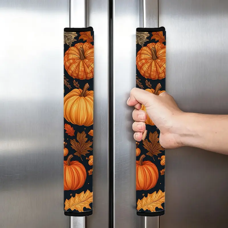 2-Piece Refrigerator Handle Covers with Pumpkin and Maple Leaf Prints, Soft Non-Slip Design for Refrigerator, Oven, Microwave, and Dishwasher Handles, Autumn Kitchen Decor