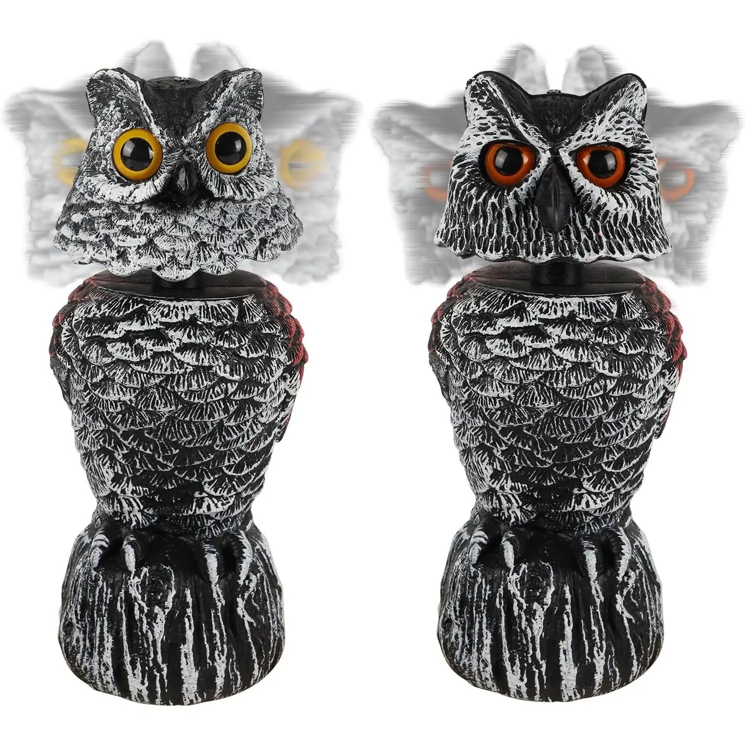 2-piece set of simulated owl bird-repellent sculptures, 11.2inch rocking head plastic owl bird-repellent device, owl statue natural predator horn-shaped pest repellent, suitable for outdoor gardens and courtyards
