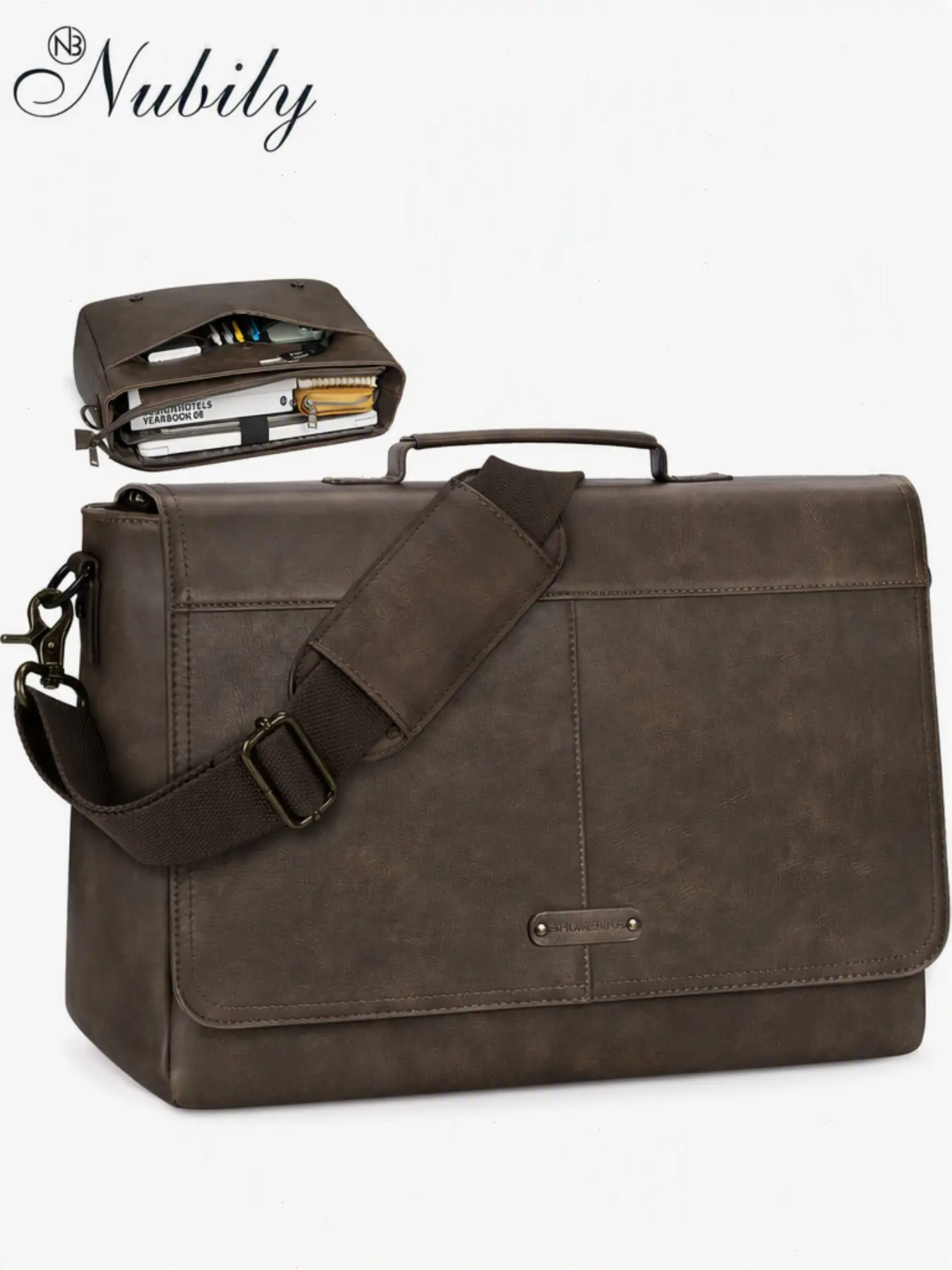Vintage Flap Messenger Bag for Men, PU Leather Laptop Bag, 15.6 Inch, Waterproof Satchel, Mens Briefcase, Computer Bag