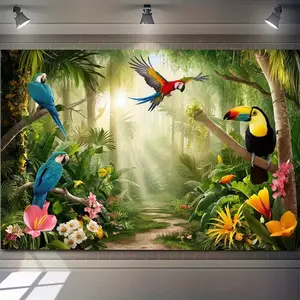 Tropical Rainforest Parrot Backdrop Jungle Backdrop Exotic Nature Background Cloth Forest Tapestry Wall Hanging Photography Background Polyester Fiber Living Room Bedroom Party Event Decor Studio Prop Wall Art