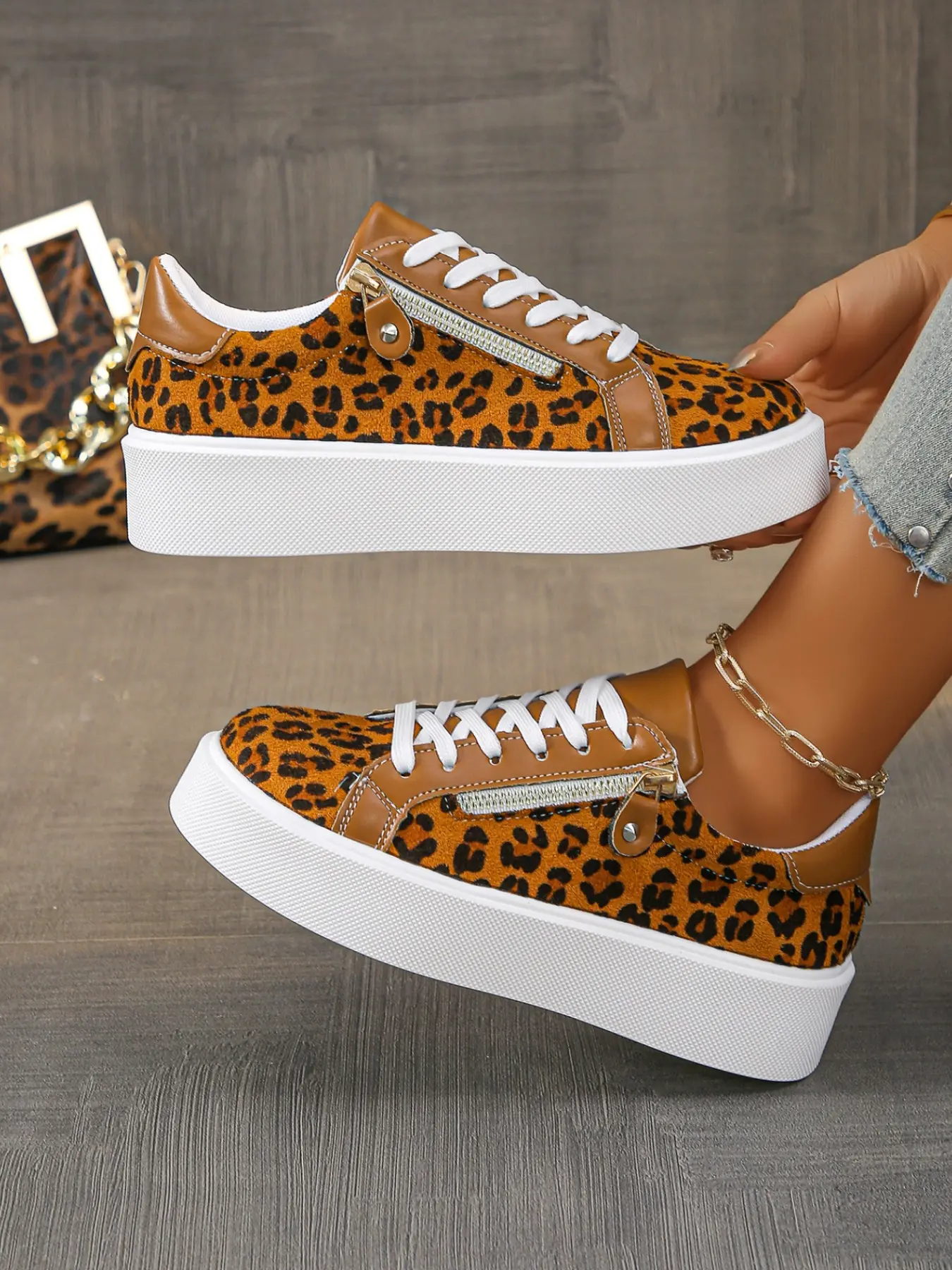 American Vintage Leopard Print Women's Plus Size Casual Shoes, Spring Fall All-Season Side Zip Thick Sole Slip-On Boots, Fashionable Daily Wear