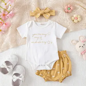 Baby Girls' 3-Piece Summer Casual Set - Short Sleeve Letter Print Romper, Bloomers, Headbands - Suitable for 0-3m, 12-18 Months, Outdoor Play