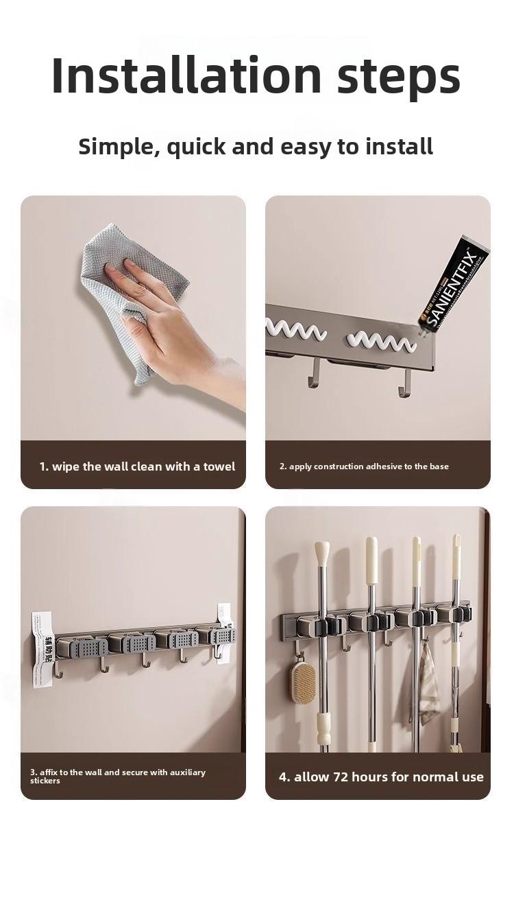 Space aluminum mop holder, no-drill multi-purpose mop hook, multifunctional wall-mounted bathroom broom storage rack