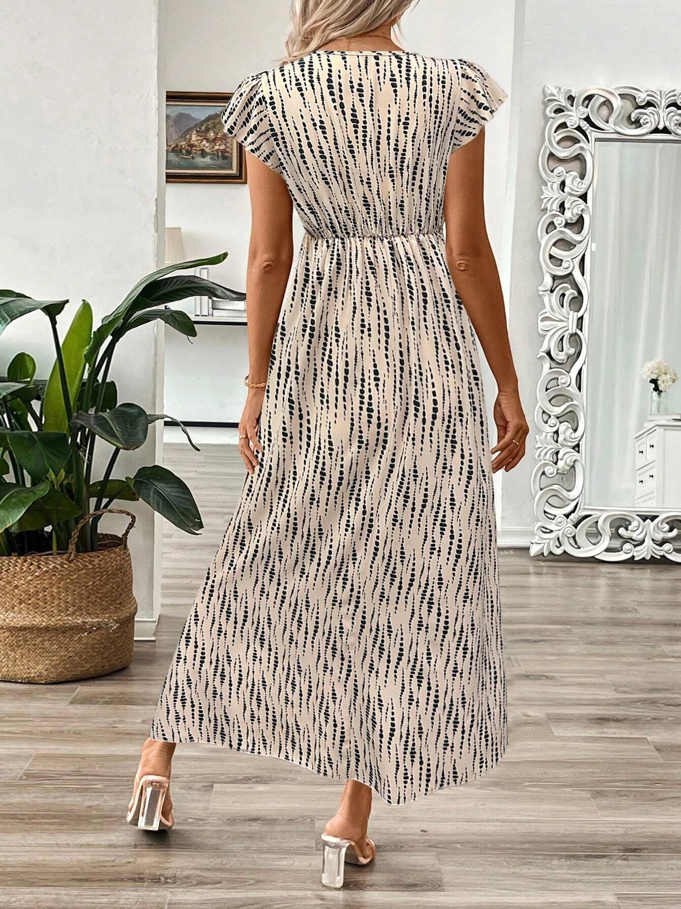 Women's Floral Print V Neck Dress, Boho Short Sleeve A-line Dress for Beach Holiday Vacation, Ladies Summer Clothes, Bohemian Boho Casual