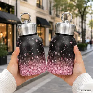 10oz 300ml 316 Stainless Steel Vacuum Insulated Water Flask, with Pink Sakura Gradient Glitter Pattern, Drop Resistant Lightweight with Handle, Fits for Daily Hydration Workout, Great as Back to School Student Gift