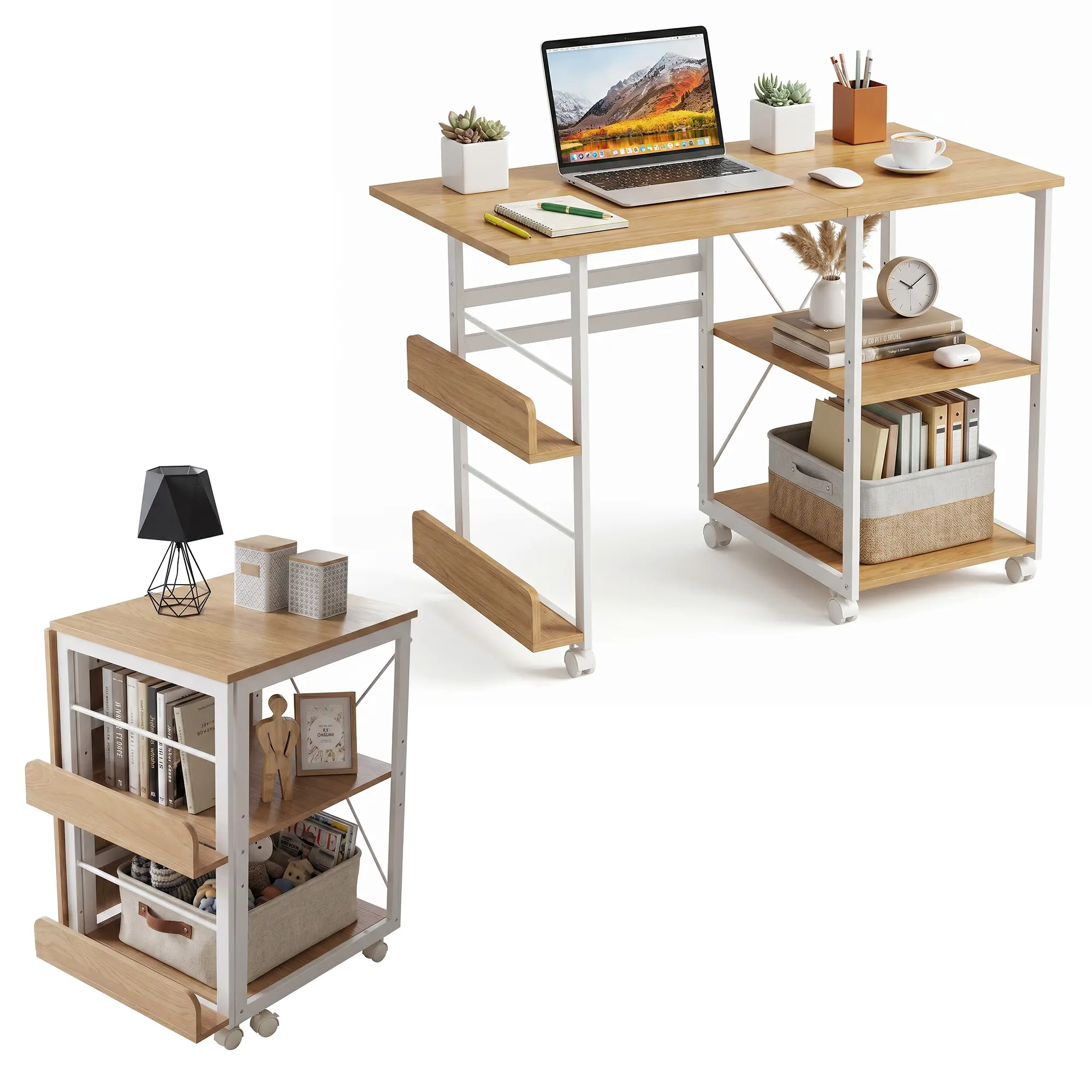 Folding Desk with Wheels, 41" Foldable Computer Desk with Storage Shelf,Space Saving Rolling Home Office Desk for Small Spaces, Portable Writing Table with Side Organizer