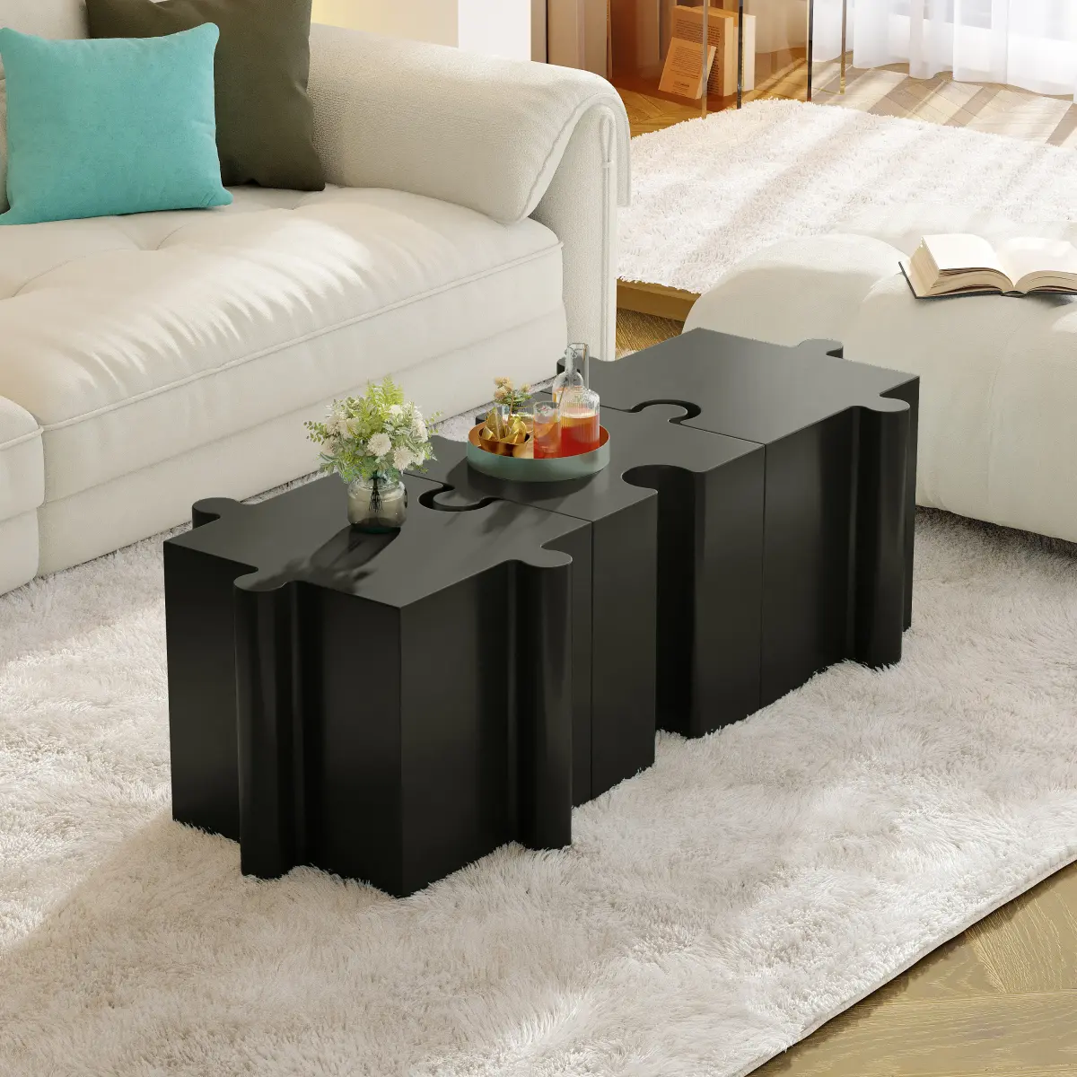 3-Piece Artistic Puzzle Table Set,Modular MGO Side Tables with Interlocking Design (2 Convex & 1 Concave), 200lb Capacity for Indoor & Outdoor,Black Color