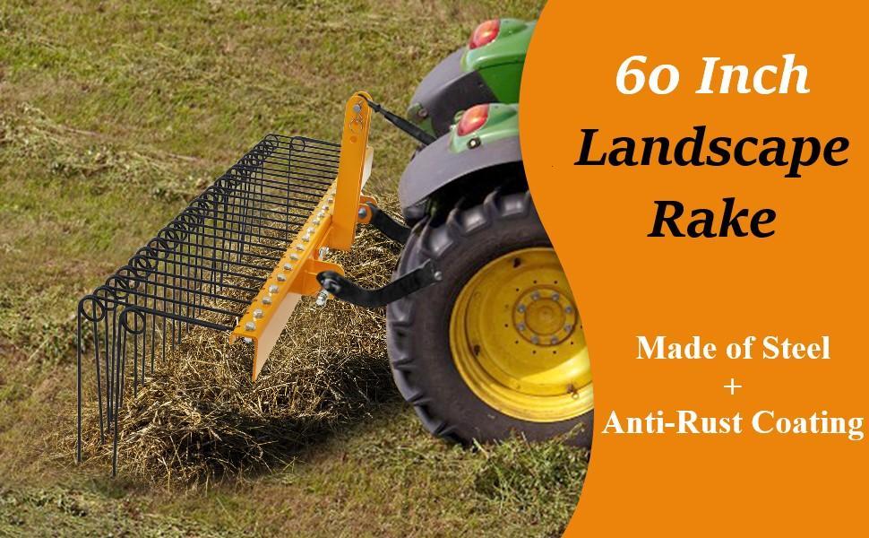 60 Inch Lawn Tractor Rake, 3 Point Hitch Landscape Rake Attaches to Cat 0 Cat 1, Dethatcher Rake for Tractor