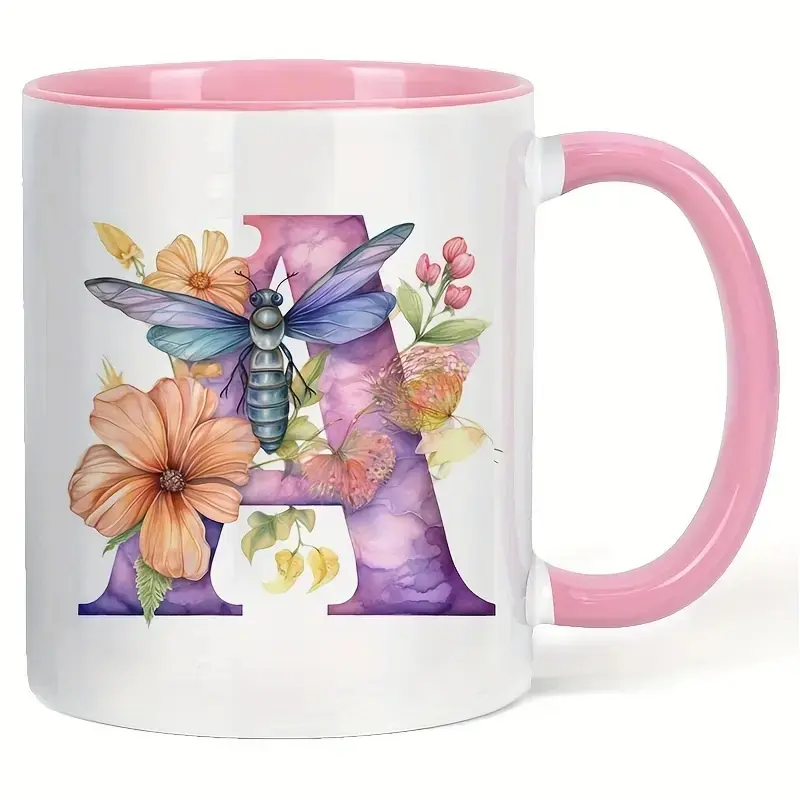 Light Pink Monogram Ceramic Coffee Mug - Floral & Dragonfly Design, Initial Letter F Gift, Cute Cups for Office & Home Use, White Ceramic Drinkware