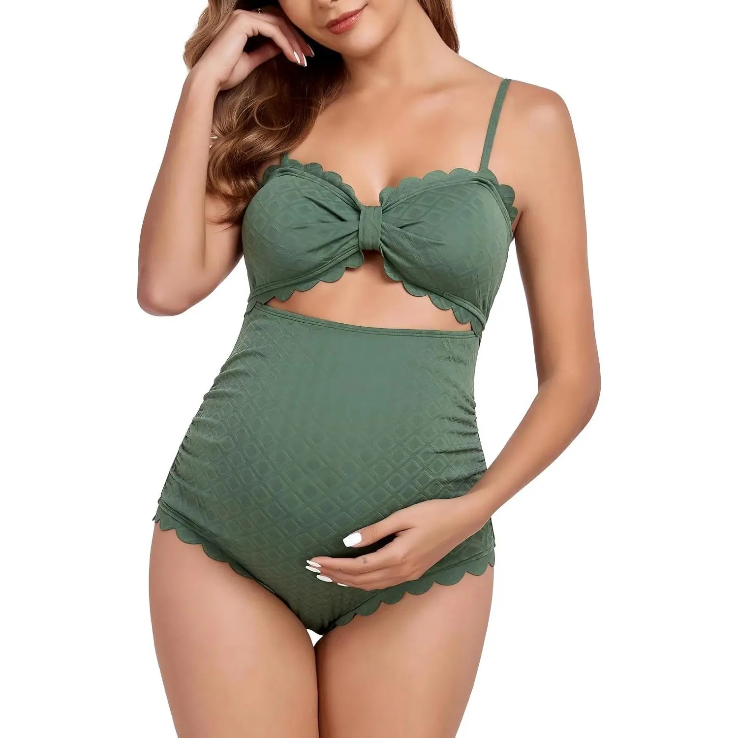 Maternity One Piece Swimwear Back Cutout Pregnancy Bikini Scalloped Pregnant Bathing Suit