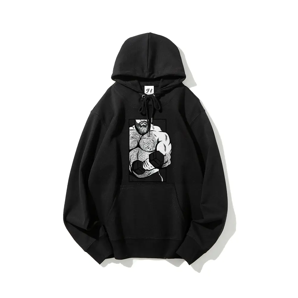 Men Pullover Hoodie, Retro Gym Bodybuilding Bearded Man Dumbbell Lifting Graphic Print Hooded Sweatshirt, Loose Long Sleeve Casual Streetwear Top for Daily Workout Fitness Wear