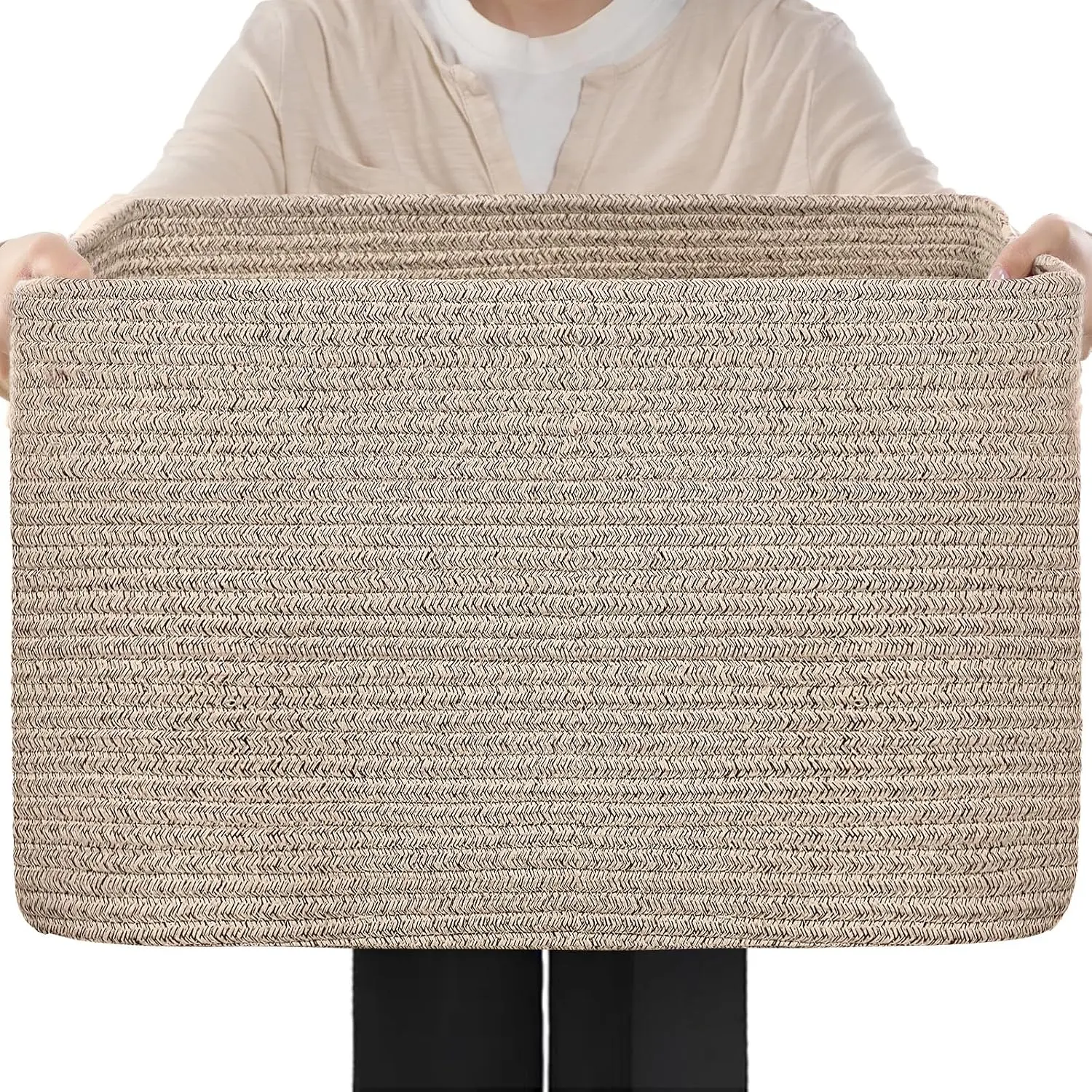 75L Large Blanket Basket for Living Room, Woven Rope Laundry Basket with Reinforced Handles, Decorative Versatile Storage Baskets for Bedroom, Nursery, Pillows, Toys, 22” x 17” x 11.5”, Brown