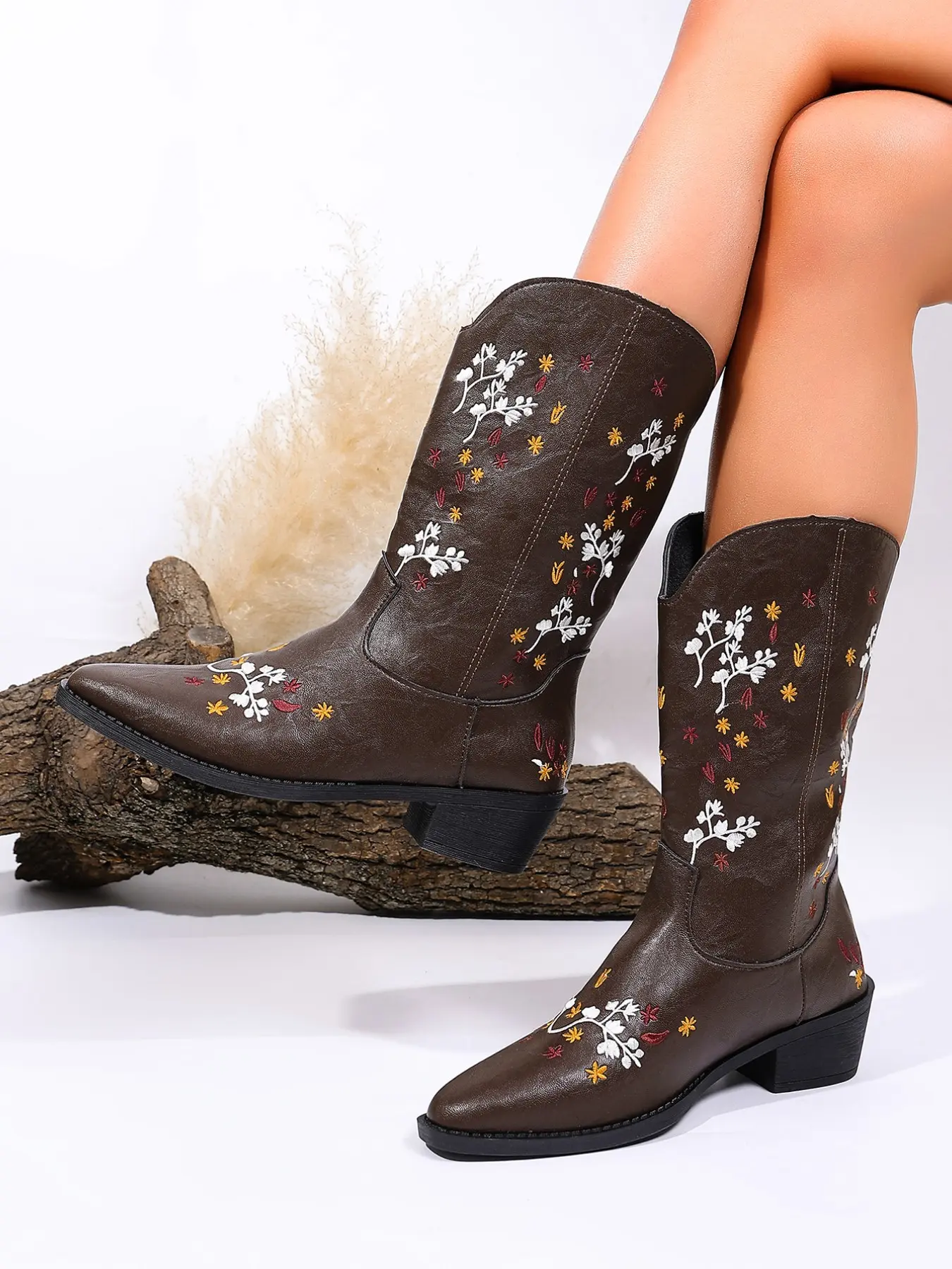 Ethnic Style Colorful Floral Embroidered Jeans Boots, Soft PU Leather Pointed Toe Mid-Calf Boots, Casual Fall Winter Outdoor Photography Shoes