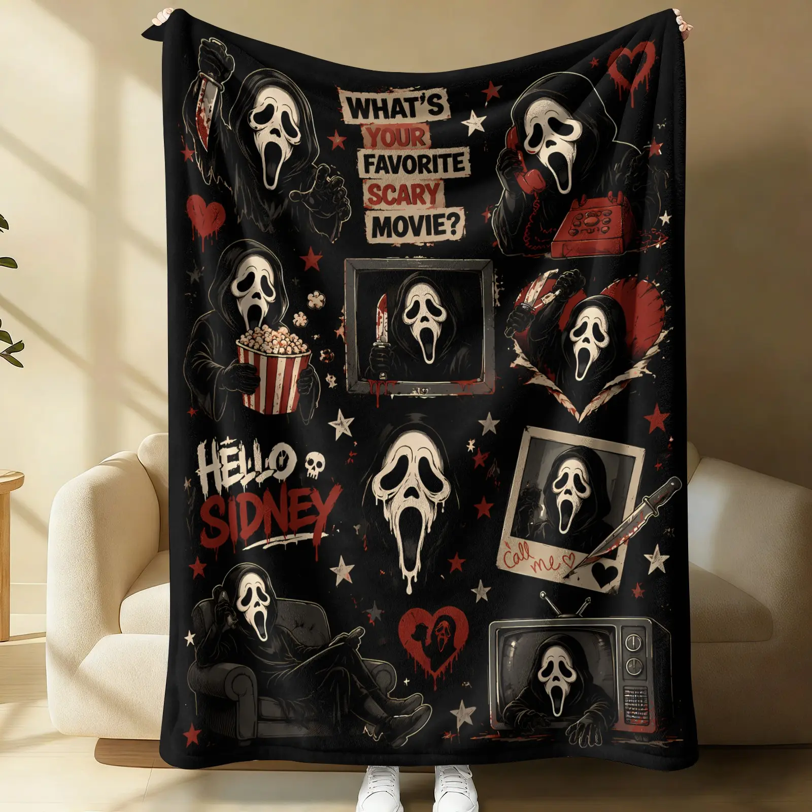Ghost Face Horror Collage Throw Blanket, What's Your Favorite Scary Movie Spooky Print Soft Flannel Sofa Bed Cover, Blankets for Sofa, Dark Gothic Halloween Decor Blanket for Bedroom Couch Dorm, All Season Warm Gift for Horror Movie Fans