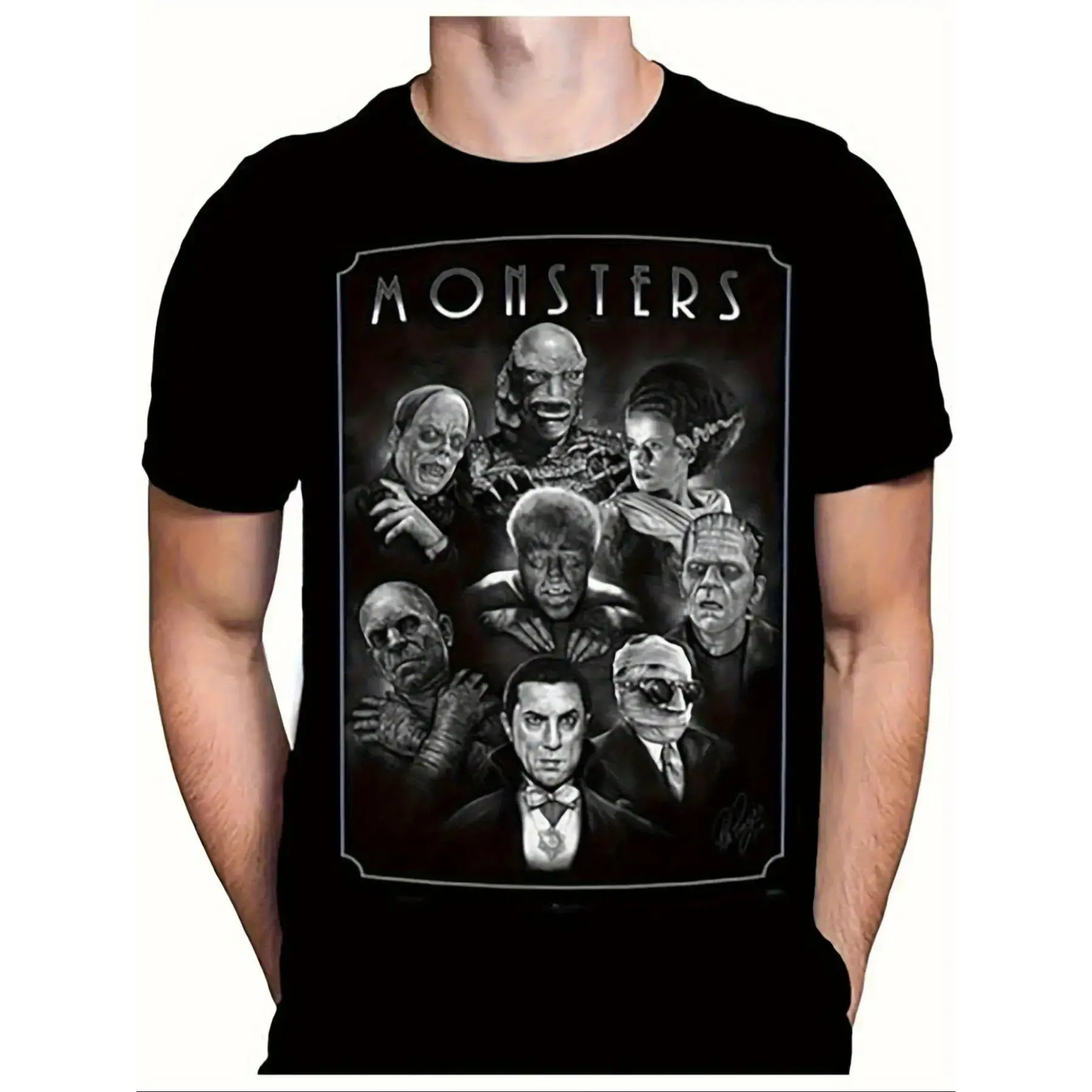 Men's Vintage 1930s Monster Horror Movie Print Casual Streetwear Fitted Cropped T-Shirt, Frankenstein Dracula Werewolf Bride, Short Sleeve for Halloween Cosplay Classic Fans Menswear