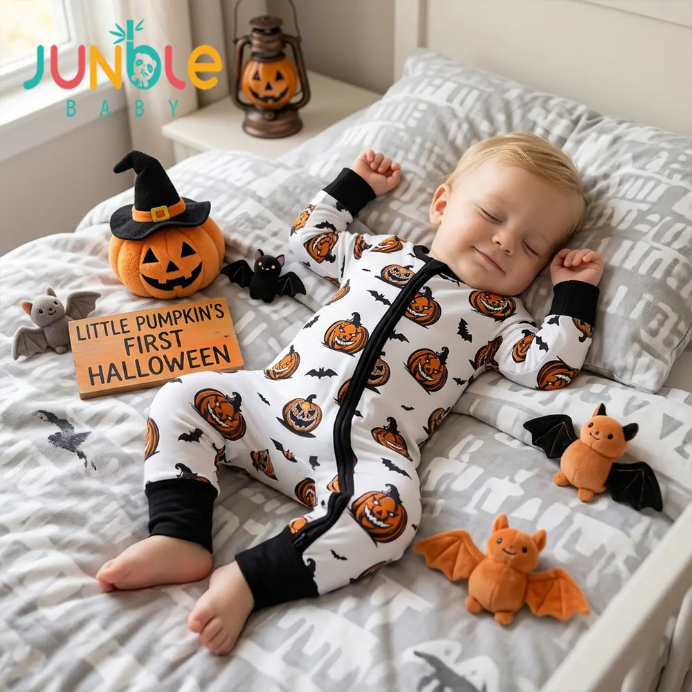 Junblebaby baby bamboo Zipped Romper,  Halloween, Featuring Devil Pumpkin And Bats. baby Halloween clothes,baby romper,  Bamboo Fiber Halloween Baby Zipper Romper, Pumpkin Bat Print 2-Way Zipper Foldable Cuff Footed Sleeper Jumpsuit for 0-3T baby costume