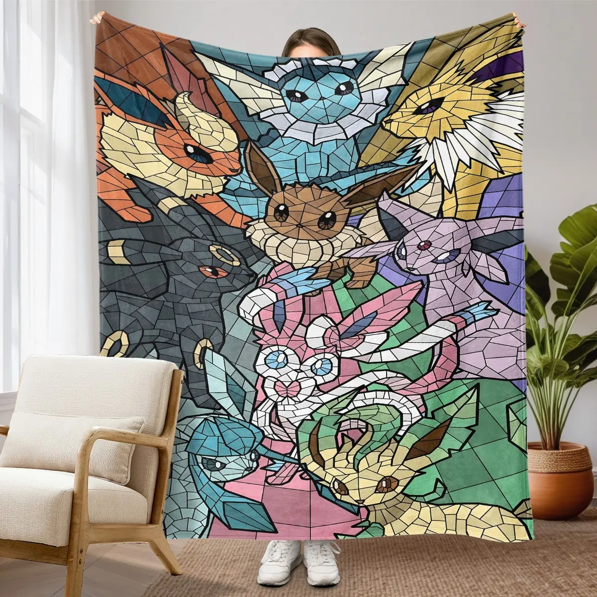 1PC Pokemon Eevee Family Stained Glass Fleece Throw Blanket, Central Eevee and Evolutions, Church Mosaic Line Art, Colorful Patchwork Background Design, Soft Warm Blanket for Sofa Bed Office Camping, Pokemon Fan Birthday Christmas Gift