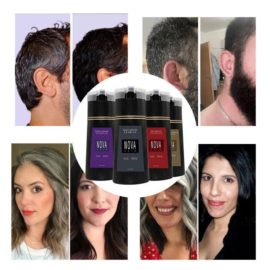 Nova Hair Instant Dye Shampoo - Safe Natural Haircare Solution for At-Home Use, Gray Coverage, Scalp Nourishment, Purple-Black Color for All Types