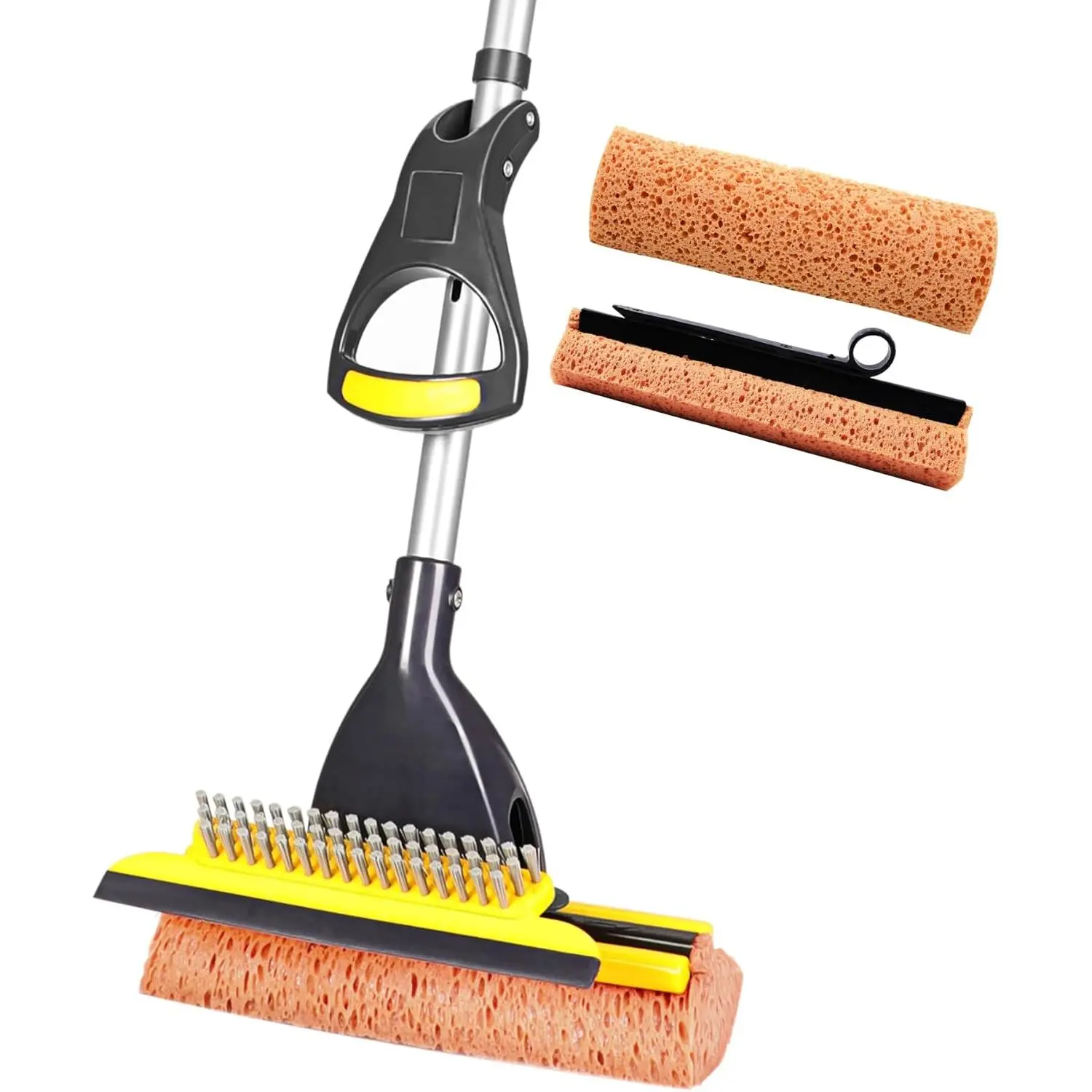 Sponge Mop for Home and Commercial Use, for Tile Floor Bathroom Garage Cleaning, with 2 Sponge Heads, Telescopic Handle Squeegee 42.5 to 52 Inches, Easily Dry Wringing Floor Cleaning Tool