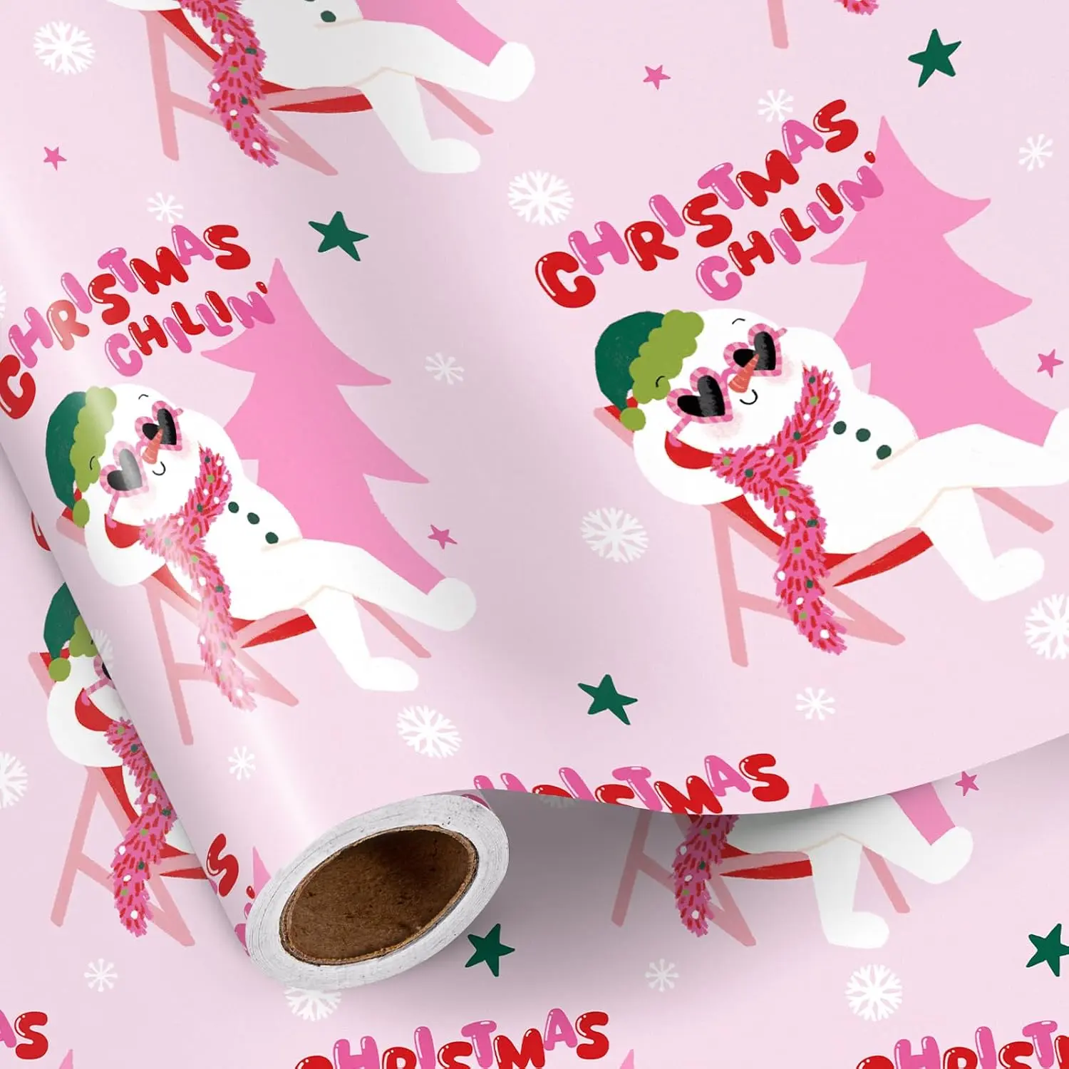 Funny Christmas Wrapping Paper Roll, Mini Roll, Cool Snowman with Shades and Christmas Chillin Design,  Beach  Wrap for Girls, , Teens, Holiday Party, 17 Inches x 16.4