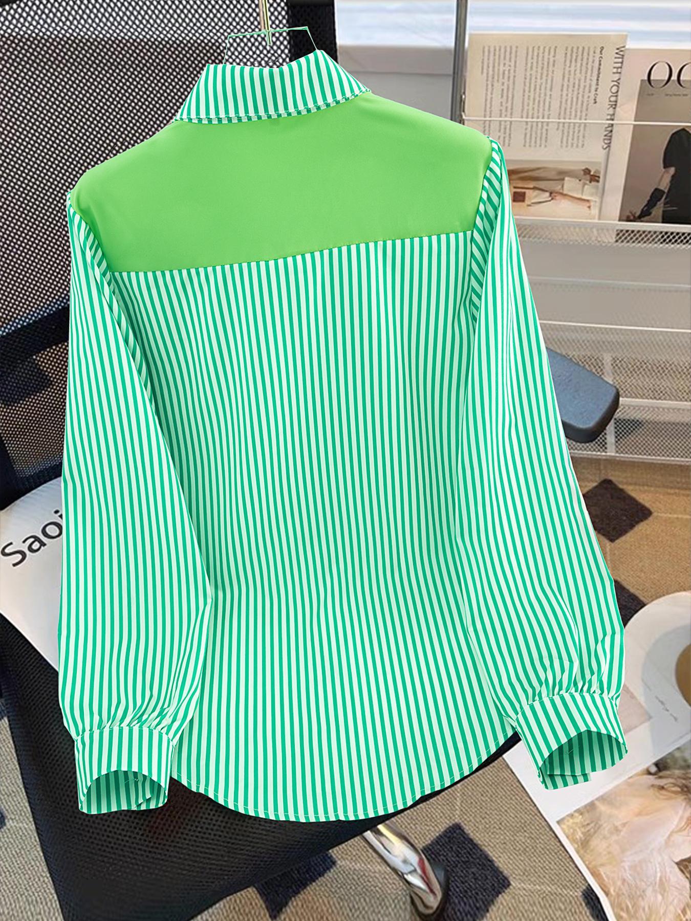 Women's Striped Print Tie Front Shirt Blouse, Casual Long Sleeve Collared Top for Spring & Fall, Women's Clothing for Daily Wear